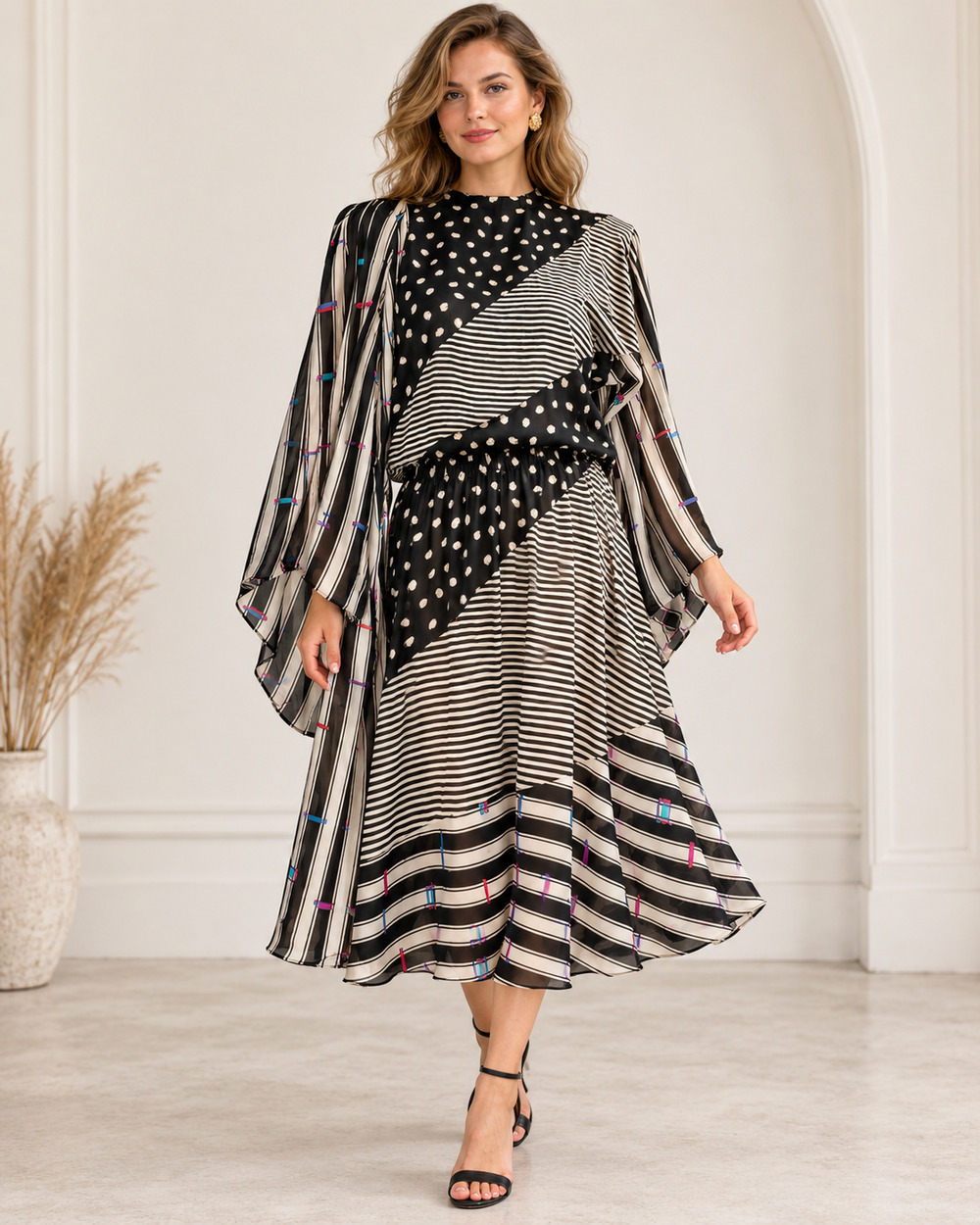 Vintage 80s Diane Freis Georgette Dress Black White Mixed Print Blouson Midi